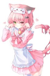 1girl :3 animal_ear_fluff animal_ears apron arms_up back_ribbon beliatan bell blush cat_ears cat_girl cat_tail choker commentary frilled_shirt frills green_eyes heart heterochromia highres jingle_bell long_sleeves looking_at_viewer medium_hair original pink_choker pink_eyes pink_hair pink_ribbon pink_sailor_collar pink_shirt pink_skirt pink_tail ribbon sailor_collar shirt simple_background skirt smile solo standing symbol-only_commentary tail tail_ornament tail_ribbon thighhighs white_apron white_background white_ribbon white_thighhighs zettai_ryouiki