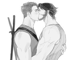 2boys adorablecat7 blush closed_eyes commentary deadpool facial_hair hand_on_another&#039;s_back highres kiss looking_at_another male_focus marvel monochrome multiple_boys muscular muscular_male pectorals short_hair sleeveless sword sword_on_back tank_top veins veiny_arms weapon weapon_on_back wolverine_(x-men) x-men x-men_film_series x-men_origins:_wolverine yaoi
