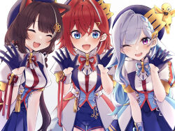 3girls :d ^_^ ange_katrina animal_ears animal_hair_ornament ayuko_ammobium beret bird blue_eyes blue_gloves blue_hair blue_hat blue_ribbon blue_shorts blue_skirt blush braid breasts brown_hair closed_eyes colored_inner_hair colored_lapels commentary_request crossed_bangs crown_hat_ornament dog_ears flower gloves group_picture hair_between_eyes hair_flower hair_ornament half_gloves hand_up hands_up hat highres idol_clothes inui_toko jacket leaning_forward lize_helesta long_hair long_sidelocks looking_at_viewer medium_breasts medium_hair monocle multicolored_hair multiple_girls neck_ribbon nijisanji one_eye_closed open_mouth pleated_skirt puffy_short_sleeves puffy_sleeves purple_eyes red_hair red_ribbon ribbon sanbaka_(nijisanji) sanbaka_anniversary_outfit sebastian_piyodore short_sleeves shorts sidelocks simple_background single_hair_intake single_sidelock single_wrist_cuff skirt small_breasts smile streaked_hair tassel teeth triangle_hair_ornament two-tone_hair upper_teeth_only very_long_hair virtual_youtuber waving white_background white_hair white_jacket white_wrist_cuffs wrist_cuffs wrist_ribbon yellow_bird