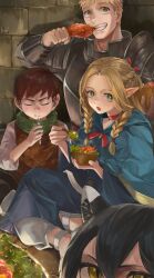 2boys 2girls absurdres animal_ears armor blonde_hair blue_capelet blue_robe braid bright_pupils brown_hair capelet cat_ears chicken_(food) chicken_leg chilchuck_tims chinese_commentary choker closed_eyes commentary_request dungeon_meshi eating elf food fork green_eyes highres holding holding_food holding_fork hood hood_down hooded_capelet indian_style izutsumi laios_touden leather_armor long_hair long_sleeves looking_at_viewer marcille_donato mi24789 multiple_boys multiple_girls open_mouth parted_bangs plate_armor pointy_ears red_choker robe sandals short_hair signature sitting slit_pupils stone_wall teeth twin_braids very_short_hair white_pupils white_sandals wide_sleeves yellow_eyes