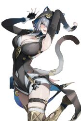 1girl absurdres animal_ear_fluff animal_ears black_gloves black_jacket blue_eyes boots breasts cat_ears cat_girl cat_tail cipher_(honkai:_star_rail) commentary fingerless_gloves gloves grey_hair gunu_(nyzn3223) highres honkai:_star_rail honkai_(series) hood hood_up hooded_jacket jacket large_breasts looking_at_viewer simple_background solo tail thigh_boots tongue tongue_out white_background yellow_boots