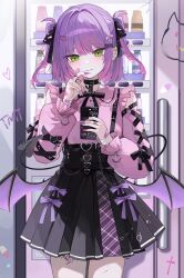 1girl absurdres alternate_costume alternate_hairstyle bandaid bandaid_on_face bandaid_on_hand barbell_piercing black_collar black_ribbon black_skirt bow cellphone closed_mouth clothing_cutout collar collared_shirt commentary cowboy_shot cross cross-laced_clothes cross-laced_sleeves cross_earrings demon_girl demon_tail demon_wings ear_piercing earclip earrings frilled_shirt frilled_sleeves frills gradient_hair green_eyes hair_bow hair_ornament hairclip hand_up high-waist_skirt highres holding holding_phone hololive industrial_piercing jewelry jirai_kei kkato leg_tattoo looking_at_viewer low_wings miniskirt multicolored_hair nail_polish neck_ribbon phone piercing pink_hair pink_shirt pleated_skirt pointy_ears purple_hair purple_nails ribbon shirt short_hair shoulder_cutout skirt smartphone smile solo straight-on suspender_skirt suspenders tail tattoo tokoyami_towa two_side_up vending_machine virtual_youtuber winged_heart_tattoo wings