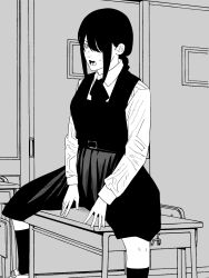 1girl chainsaw_man classroom collared_shirt commentary_request desk door fujimoto_tatsuki_(style) greyscale hair_over_one_eye highres long_sleeves monochrome nanami_toga nayuta_(chainsaw_man) on_desk open_mouth ringed_eyes school_desk shirt sidelocks sitting solo spread_legs