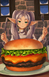 1girl bread burger capelet cheese closed_mouth elf food fork frieren ganze_382 green_eyes grey_hair highres holding holding_fork holding_knife indoors knife lettuce long_hair meat plate pointy_ears smile solo sousou_no_frieren table tomato tomato_slice twintails white_capelet window