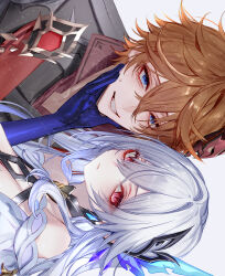 1boy 1girl blue_gloves blue_hair brown_hair closed_mouth commentary_request eyelashes genshin_impact gloves gradient_hair grey_hair grin hair_between_eyes hair_ornament hand_on_another&#039;s_chin highres jacket looking_at_viewer mask mask_on_head multicolored_hair pottsness red_eyes red_mask sideways simple_background skirk_(genshin_impact) smile sweat tartaglia_(genshin_impact) textless_version upper_body watermark watermark_grid
