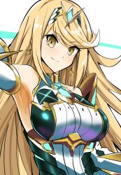1girl absurdres armpits blonde_hair breasts chest_jewel commentary_request dress earrings floating_earring headpiece highres jewelry large_breasts long_hair looking_at_viewer mythra_(massive_melee)_(xenoblade) mythra_(xenoblade) neon_trim one-hour_drawing_challenge pleated_dress smile solo swept_bangs synchroman white_dress xenoblade_chronicles_(series) xenoblade_chronicles_2 yellow_eyes