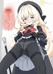 1girl beret black_gloves black_hat black_jacket black_pantyhose black_sailor_collar black_shirt black_skirt blonde_hair blue_archive blush bow bowlegged_pose clothes_lift covered_navel cross-section donutman embarrassed feet_out_of_frame female_focus frilled_skirt frills furrowed_brow gloves green_eyes hair_between_eyes half-closed_eyes halo hat highres jacket large_bow lifting_own_clothes loli long_hair long_sleeves looking_down paid_reward_available panties panties_under_pantyhose pantyhose parted_lips professor_niyaniya_(blue_archive) red_bow sailor_collar sailor_shirt shirt skirt skirt_lift solo spread_legs sweatdrop teeth thighband_pantyhose thighs underwear uterus variant_set very_long_hair wavy_hair white_panties x-ray yellow_halo
