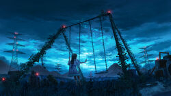absurdres air_conditioner brown_hair cloud cloudy_sky dress evening field highres long_hair on_swing original outdoors overgrown plant scenery shuu_illust sitting sky swing swing_set transmission_tower vines white_dress