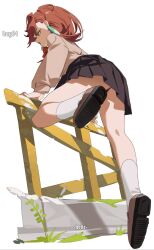 1girl ayase_momo black_skirt brown_hair brown_shoes brown_sweater dandadan earrings foot_up from_behind full_body hand_on_railing helic_(7317helic) highres jewelry kneehighs legs long_sleeves medium_hair miniskirt open_mouth pleated_skirt profile red_eyes school_uniform shoes simple_background skirt socks sweater thighs white_background white_socks