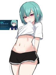 Rule 34 | 1boy, clothes pull, elf, eochaid (mabinogi), green hair, highres, isk754, looking at viewer, mabinogi, pointy ears, red eyes, short shorts, shorts, tearing up, trap