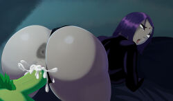 1boy 1girl absurdres ahegao anus ass beast_boy_(dc) colored_skin couple cum cum_in_pussy dc_comics green_hair green_skin highres huge_ass large_penis penis pubic_hair purple_eyes purple_hair pussy raven_(dc) sex sweatdrop teen_titans thick_thighs thighs tongue tongue_out uncensored vaginal