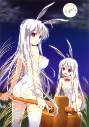 2girls :d absurdres animal_ears arm_support ass bare_shoulders blush body_blush bow bowtie breasts closed_eyes cloud collarbone covered_erect_nipples detached_collar fake_animal_ears full_moon highres huge_filesize large_breasts leaning_forward leotard long_hair looking_at_another mallet mochitsuki moon mortar_(bowl) multiple_girls night open_mouth original outdoors playboy_bunny rabbit_ears rabbit_tail red_bow red_bowtie red_eyes sasahiro scan small_breasts smile standing tail thighhighs very_long_hair wheat white_hair white_legwear wrist_cuffs
