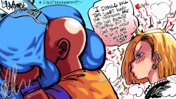 1boy 1girl ahegao android_18 artist_request ass bald bald_male blonde_hair blue_eyes blush couple dragon_ball english_text excited excited_for_sex groping huge_ass husband_and_wife kuririn large_penis penis source_request speech_bubble sweat thought_bubble