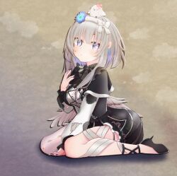 absurdres black_dress blue_flower collar colored_inner_hair dress feathers flower frilled_collar frilled_dress frills grey_hair grey_wings hair_ornament hairband highres leggings lotus low_wings multicolored_hair purple_eyes re:act usuwa_suu virtual_youtuber white_feathers white_hairband white_leggings white_wings wings