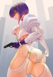 1girl ass fingerless_gloves from_below ghost_in_the_shell gloves gun handgun highres jacket kusanagi_motoko leotard mayonakadays medium_hair purple_hair red_eyes solo thighs weapon white_jacket white_leotard