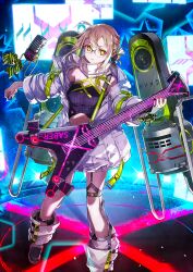 Rule 34 | 1girl, above cleavage cutout, ahoge, artoria pendragon (fate), black boots, black bow, black ribbon, black shirt, blonde hair, boots, bow, braid, breasts, bun with braided base, bunbun, clothing cutout, collar, criss-cross halter, crop top, double-parted bangs, electric guitar, expressionless, fate/grand order, fate (series), foot out of frame, game cg, garter straps, glasses, gloves, green bow, green ribbon, grey gloves, guitar, hair bow, hair bun, halterneck, hands up, holding, holding guitar, holding instrument, holding plectrum, instrument, jacket, k6-x4, leg warmers, legs apart, long sleeves, looking at viewer, medium breasts, microphone, midriff peek, music, mysterious idol x alter (fate), navel, official art, parted lips, partially fingerless gloves, partially unzipped, playing instrument, plectrum, ribbon, round eyewear, shirt, short hair, shoulder strap, sidelocks, single glove, single hair bun, solo, standing, striped bow, third-party source, two-tone bow, two-tone ribbon, white collar, white jacket, white leg warmers, wide sleeves, wrist bow, yellow eyes, zipper