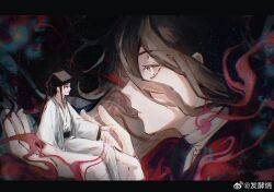 2boys bandaged_arm bandaged_neck bandages black_background black_eyes black_hair black_hat black_nails brown_hair chinese_clothes chinese_commentary closed_mouth dao_gui_yi_xian eyelashes fajiaoshao floating_hair from_side giant hanfu hat hat_ribbon highres ji_zai jin_(headwear) letterboxed li_huowang long_hair long_sleeves looking_at_another male_focus mini_person miniboy multiple_boys nail_polish official_alternate_hair_length official_alternate_hairstyle parted_bangs profile red_hanfu ribbon robe sash sitting sitting_on_hand sweatdrop updo upper_body very_long_hair watermark weibo_watermark white_eyes white_hanfu wide_sleeves yaoi zhouzi_jin_(headwear) zhuge_yuan