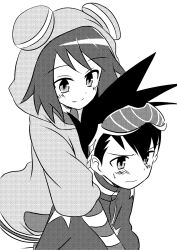 1boy 1girl blush closed_mouth curakuru eyewear_on_head geo_stelar_(mega_man) greyscale highres hood hood_up hoodie looking_at_another mega_man_(series) mega_man_star_force_(series) monochrome short_hair smile sonia_strumm_(mega_man) spiked_hair sweatdrop white_background