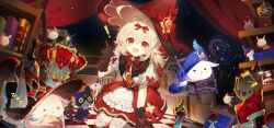 ! 1girl ahoge alice_(genshin_impact) black_cape blonde_hair bow bowtie brown_gloves cape dodoco_(genshin_impact) gem genshin_impact gloves hair_between_eyes hair_ribbon hat hat_bow high-waist_skirt highres klee_(blossoming_starlight)_(genshin_impact) klee_(genshin_impact) kneeling long_hair looking_at_viewer official_alternate_costume open_mouth pointy_ears pyro_symbol_(genshin_impact) qianqianjie red_bow red_bowtie red_eyes red_gemstone red_hat red_ribbon red_skirt ribbon shirt short_sleeves skirt thighhighs vision_(genshin_impact) white_shirt white_thighhighs witch_hat zzz