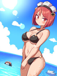 Rule 34 | 1boy, 1girl, acura (gunvolt), azure striker gunvolt, azure striker gunvolt 2, bare shoulders, bikini, black bikini, blush, breasts, collarbone, cougar (cougar1404), cowboy shot, maid headdress, medium breasts, nowa (gunvolt), red eyes, red hair, roro (combat pod) (gunvolt), solo focus, standing, sun, swimsuit, wet
