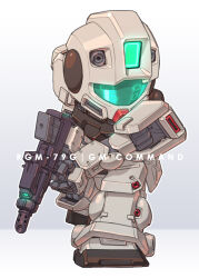 assault_visor beam_rifle bullpup character_name chibi energy_gun gm_command green_visor grey_background gun gundam gundam_0080 hashtag-only_commentary highres holding holding_gun holding_weapon hwf_gmg-mg79-90mm_bullpup_machine_gun mecha mecha_focus mobile_suit no_humans robot science_fiction sd_gundam solo standing susagane two-tone_background weapon white_background