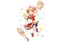 blonde_hair blush cheerleader flower_knight_girl frilled_skirt frills hima_(flower_knight_girl) navel official_art one_eye_closed shoes short_hair skirt smile thighhighs white_thighhighs yellow_eyes