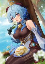 1girl ahoge bare_shoulders bell black_gloves blue_hair blue_sky bodystocking breasts chinese_knot commentary_request cowbell detached_sleeves flower ganyu_(genshin_impact) genshin_impact gloves goat_horns hair_between_eyes highres hitsujino_mery holding holding_flower horns long_hair looking_at_viewer neck_bell on_grass open_mouth outdoors purple_eyes rice sitting sky solo tassel tree white_sleeves