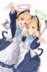 2girls :d absurdres animal_ear_headphones animal_ears apron black_dress blonde_hair blue_archive blue_bow blue_bowtie blunt_bangs blush bow bowtie broom bucket cat_ear_headphones cat_tail dress fake_animal_ears fake_tail green_eyes green_halo hair_bow halo headphones highres holding_hands interlocked_fingers jaihu long_sleeves looking_at_viewer maid maid_apron maid_headdress medium_hair midori_(blue_archive) midori_(maid)_(blue_archive) momoi_(blue_archive) momoi_(maid)_(blue_archive) multiple_girls official_alternate_costume official_alternate_hairstyle open_mouth pink_halo ponytail puffy_sleeves red_bow red_eyes short_hair short_ponytail siblings sidelocks sisters smile tail tamagotchi tamagotchi_(classic) tamagotchi_(virtual_pet) twins v virtual_pet_(toy) white_apron white_background white_headdress