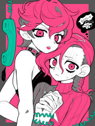 ... 1boy 1girl braid c73an choker cleavage_cutout closed_mouth clothing_cutout english_text eyelashes fingernails freckles hair_between_eyes highres jojo_no_kimyou_na_bouken limited_palette long_hair looking_at_viewer open_mouth own_hands_clasped own_hands_together phone ribbed_sweater short_hair speech_bubble spoken_ellipsis sweater thought_bubble trish_una vento_aureo vinegar_doppio