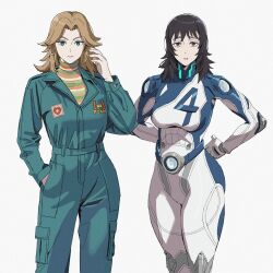 2girls absurdres anya_(mouthwashing) black_eyes black_hair blonde_hair blue_bodysuit blue_eyes blue_jumpsuit bodysuit breasts cosplay costume_switch earrings fantastic_four highres jewelry jumpsuit large_breasts long_hair long_sleeves looking_at_viewer marvel marvel_rivals medium_hair mouthwashing multiple_girls shiren_(ourboy83) simple_background sue_storm superhero_costume two-tone_bodysuit white_background white_bodysuit