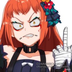 aqua_eyeshadow bandaged_arm bandaged_hand bandages bare_shoulders bow chorvaqueen commission dimple_facial_mark eyeliner eyeshadow facial_mark fire_emblem fire_emblem_engage fur_sleeves long_hair makeup middle_finger nintendo orange_hair panette_(fire_emblem) portrait red_eyeliner short_bangs sidelocks stitched_mouth stitches white_bow yellow_eyes