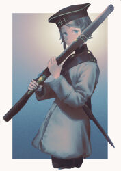 Rule 34 | absurdres, black hat, black pants, blue eyes, border, closed mouth, commentary, cowboy shot, crimean war, gradient background, grey hair, grey jacket, gun, gun sling, hat, highres, holding, holding gun, holding weapon, imperial russian army, jacket, karasumi (sumizono), looking at viewer, military, military hat, military uniform, original, pants, russia, russian empire, short hair, weapon, white border