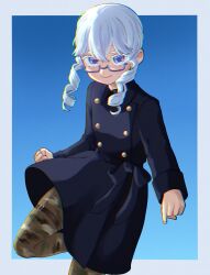 1girl belt black_coat blue-framed_eyewear blue_eyes blurry camouflage camouflage_legwear coat glasses gold_buttons hexagram highres israel israel_(kuroussa) jewelry kuroussa looking_at_viewer motion_blur original pants personification sidelocks solo star-shaped_pupils star_(symbol) star_of_david symbol-shaped_pupils thigh_belt thigh_strap white_hair