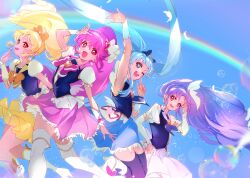 4girls :d ;d aino_megumi arm_up armpits black_vest blonde_hair blue_bow blue_eyes blue_hair blue_skirt bow brown_eyes cure_fortune cure_honey cure_lovely cure_princess floating_hair hair_between_eyes hair_bow happinesscharge_precure! highres hikawa_iona long_hair miniskirt multiple_girls one_eye_closed oomori_yuuko open_mouth orange_bow pink_hair pink_skirt pleated_skirt precure purple_hair rainbow red_eyes shipu_(gassyumaron) shirayuki_hime short_sleeves skirt smile twintails very_long_hair vest white_skirt white_sleeves yellow_skirt