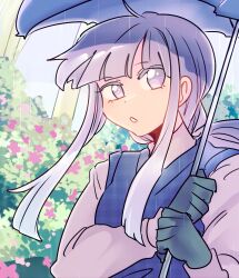 1girl :o alternate_costume alternate_hairstyle blue_vest bush commentary danganronpa:_trigger_happy_havoc danganronpa_(series) english_commentary eyelashes flower flower_bush gloves holding holding_umbrella kirigiri_kyoko long_hair long_sleeves ministarfruit open_mouth purple_eyes purple_hair purple_shirt rain shirt sidelocks solo umbrella upper_body vest