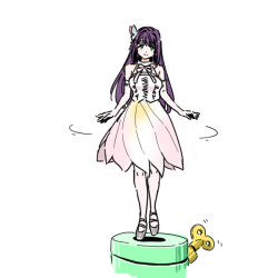 1girl aurora_flower_(love_live!) blush_stickers breasts butterfly_hair_ornament closed_mouth commentary full_body green_eyes grey_shoes hair_intakes hair_ornament large_breasts link!_like!_love_live! long_hair looking_at_viewer love_live! medium_skirt music_box neck_ribbon otomune_kozue pink_ribbon pink_skirt pleated_skirt purple_hair ribbon shinanoya_(satanicad) shirt shoes sidelocks simple_background skirt sleeveless sleeveless_shirt smile solo spinning virtual_youtuber white_background white_shirt