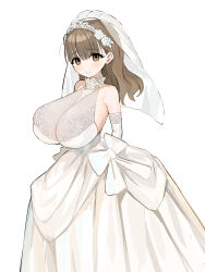 1girl absurdres bfmelu breasts bridal_veil brown_eyes brown_hair dress highres huge_breasts long_hair original simple_background smile solo tiara veil wedding_dress white_background white_dress white_tiara