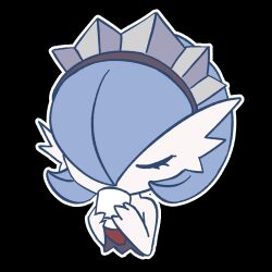 Rule 34 | 1girl, aliasing, alternate color, bare shoulders, black background, blue hair, bob cut, chibi, chibi only, closed eyes, colored skin, cropped torso, cup, drinking, female focus, gardevoir, gen 3 pokemon, hair over one eye, hands up, holding, holding cup, maid headdress, mug, nintendo, one eye covered, outline, pipsivoir, pokemon, pokemon (creature), shiny pokemon, short hair, simple background, solo, u u, upper body, white outline, white skin