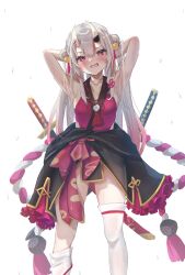 1girl absurdres armpits arms_up bell breasts cleavage collarbone double_bun eyelashes fang feet_out_of_frame frilled_kimono frills gold_trim gradient_hair grey_hair hair_bell hair_between_eyes hair_bun hair_ornament highres hololive horns japanese_clothes katana kimono looking_at_viewer multicolored_hair nakiri_ayame off_shoulder open_mouth pink_eyes pink_hair shadow sheath sheathed simple_background skin-covered_horns skin_fang sleeveless small_breasts solo streaked_hair sweat sweatdrop sword tassel terra_bose thighhighs thighs virtual_youtuber weapon white_background white_thighhighs