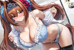 1girl animal_ears asdkd123 bare_shoulders bent_over black_thighhighs blue_bra blue_panties blush bra breasts brown_hair cleavage closed_mouth crown daiwa_scarlet_(umamusume) hair_between_eyes hair_intakes highres horse_ears horse_girl horse_tail large_breasts long_hair looking_at_viewer navel no_pants panties shirt sidelocks solo stomach striped_bra striped_clothes striped_panties sweatdrop t-head_trainer_(umamusume) tail thighhighs trainer_(umamusume) twintails umamusume underwear undressing variant_set white_shirt