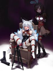 2girls ahegao amadeus_frost animal_ear_fluff animal_ears arms_behind_back bare_shoulders bdsm black_choker black_leotard black_pantyhose blue_eyes blue_hair bondage boots bound breast_bondage breasts brown_hair chair choker covered_navel crotch_rope crying crying_with_eyes_open fox_ears fox_tail frilled_skirt frills gag gagged heattech_leotard high-waist_skirt holding holding_syringe improvised_gag leotard long_hair looking_at_another medium_hair multicolored_hair multiple_girls on_chair original pantyhose rabbit_ears red_eyes restrained separated_legs sex_toy shibari shirt skin_tight skirt small_breasts streaked_hair syringe tail tape tape_gag tears teeth tongue tongue_out turtleneck ungagged unworn_boots upper_teeth_only very_long_hair vibrator white_hair white_pantyhose white_shirt