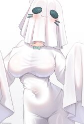 1girl absurdres blush bow breasts commentary covered_face covered_navel ghost ghost_costume highres indie_virtual_youtuber large_breasts mint_fantome sheet_ghost simple_background sinonamon skin_tight solo symbol-only_commentary triangular_headpiece virtual_youtuber white_background