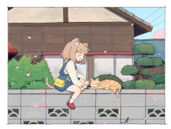 1girl ^_^ absurdres animal_ear_fluff animal_ears bag bird blue_dress brown_hair brown_shirt bush cat cat_ears cat_girl cat_tail cherry_blossoms closed_eyes commentary_request dress falling_petals fang full_body fumiko_(rubra_plumeria) highres lizard long_sleeves open_mouth orange_cat original outdoors petals pinafore_dress red_footwear shirt short_hair shoulder_bag sitting_on_fence sleeveless sleeveless_dress socks solo striped_clothes striped_shirt tail tree two-tone_shirt white_shirt white_socks yellow_bag