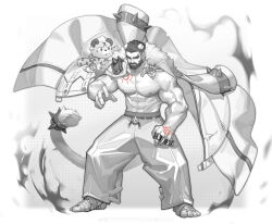 Rule 34 | 1boy, abs, absurdres, aged up, alca (wakatanka4), alternate facial hair, animal, animal ears, arknights, armor, bandaged foot, bandages, bara, bare pectorals, beard, brass knuckles, chest tattoo, coat, command spell, cosplay, facial hair, fighting stance, fur-trimmed coat, fur trim, greyscale, gyee, hand tattoo, highres, large pectorals, lion, lion boy, lion ears, lion tail, male focus, monochrome, mountain (arknights), mountain (arknights) (cosplay), muscular, muscular male, mustache, navel, nipples, pants, pectorals, peterhl, short hair, shoulder armor, spot color, tail, tail ornament, tail ring, tattoo, thick mustache, topless male, unworn coat, weapon