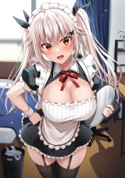 Rule 34 | 1girl, alternate costume, apron, bed, black dress, black ribbon, black thighhighs, blurry, blurry background, blush, breasts, butterfly hair ornament, chair, cleavage, collared dress, commentary request, curtains, depth of field, desk, dress, enmaided, etna (kuzuyu), frilled apron, frilled dress, frills, garter straps, hair between eyes, hair ornament, hair ribbon, hand on own hip, highres, holding, holding tray, indoors, komori kuzuyu, long hair, looking at viewer, maid, maid headdress, medium breasts, office chair, open mouth, original, pillow, puffy short sleeves, puffy sleeves, red eyes, ribbon, short sleeves, skindentation, solo, standing, sweat, swivel chair, thighhighs, trash can, tray, twintails, very long hair, white apron, white hair, window, wooden floor, wrist cuffs