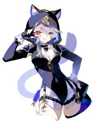 1girl animal_ear_fluff animal_ears between_fingers black_leotard blue_eyes breasts cat_ears cat_girl cat_tail cipher_(honkai:_star_rail) collarbone commentary cropped_legs gem hashtag-only_commentary holding honkai:_star_rail honkai_(series) hood hood_up hooded_leotard leotard licking_lips medium_breasts mole mole_on_collarbone one_eye_closed oriori_0201 sidelocks simple_background solo tail tongue tongue_out v v_over_eye white_background white_hair