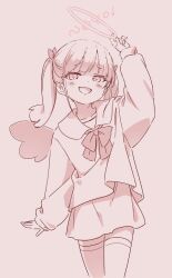 1girl :d arm_up blush bow brown_background brown_theme collarbone collared_shirt commentary fang hair_ribbon halo highres jigatei_(omijin) long_hair long_sleeves looking_at_viewer mini_wings monochrome open_mouth original puffy_long_sleeves puffy_sleeves ribbon romaji_text shirt simple_background skirt smile solo thighhighs twintails wings