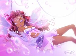 1girl aisha_(winx_club) alternate_color bad_id bad_twitter_id bare_legs bare_shoulders beads braid breasts bubble chocofish circlet cleavage closed_eyes closed_mouth colored_eyelashes commentary crop_top dark-skinned_female dark_skin elbow_gloves enchantix english_commentary expressionless eyeshadow fairy fairy_wings feet_out_of_frame glitter gloves gradient_background highres light_particles lipstick lying magic magical_girl makeup midriff miniskirt multicolored_hair multiple_braids navel on_back pink_background pink_hair pink_shirt pink_skirt purple_eyeshadow purple_gloves purple_lips purple_shirt purple_skirt purple_theme purple_wings shirt short_hair skirt solo sparkle strapless strapless_shirt streaked_hair transparent_wings triangle_print twitter_username two-tone_shirt two-tone_skirt watermark white_background wings winx_club