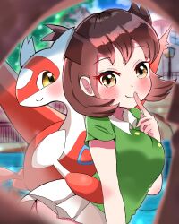 1girl absurdres ass bianca_(pokemon_heroes) blue_sky blush breasts brown_hair building carrot_summer closed_mouth cloud collared_shirt day eyelashes finger_to_mouth gen_3_pokemon green_shirt hand_up highres index_finger_raised lamppost latias legendary_pokemon medium_breasts miniskirt nintendo outdoors pokemon pokemon_(anime) pokemon_(classic_anime) pokemon_(creature) pokemon_heroes:_latios_&amp;_latias railing shirt short_hair short_sleeves skirt sky smile white_skirt yellow_eyes