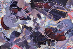 2girls abstract_background ascot bang_dream! bang_dream!_it&#039;s_mygo!!!!! black_ascot black_capelet black_corset black_pantyhose black_ribbon blue_brooch blue_hair capelet chamomile chinese_commentary closed_mouth commentary_request commission corset floral_background flower hair_ribbon hat highres intravenous_drip long_hair lying mortis_(bang_dream!) multiple_girls oblivionis_(bang_dream!) on_back oxygen_mask pantyhose pill puffy_short_sleeves puffy_sleeves red_hat red_shirt red_shorts ribbon rotational_symmetry second-party_source see-through_clothes see-through_sleeves shirt short_sleeves shorts sidelocks syringe togawa_sakiko two_side_up unconscious wakaba_mutsumi white_flower yonghu7553459251